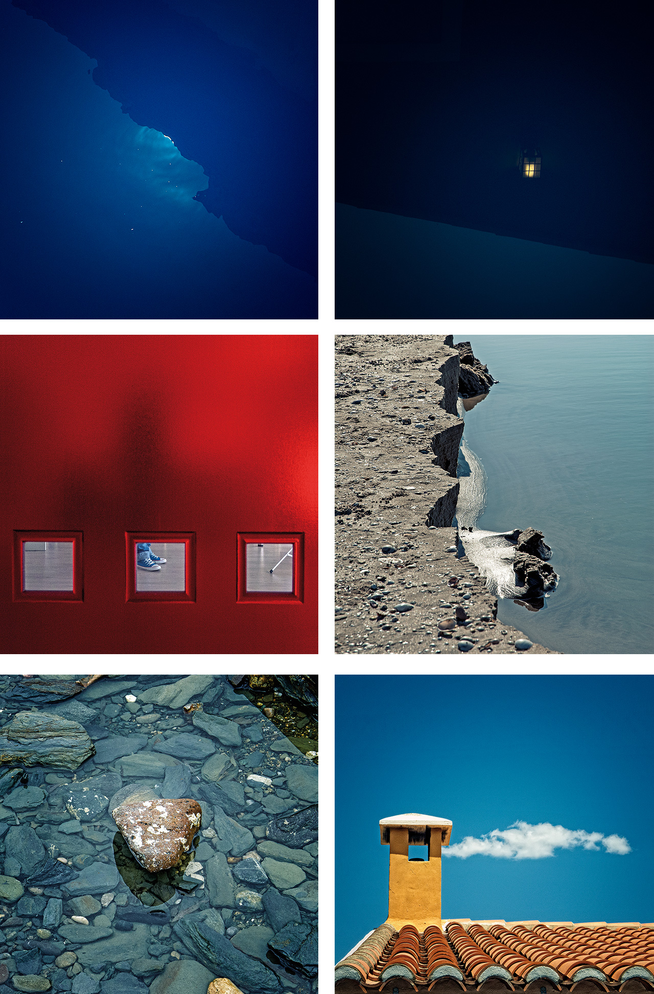 Luz líquida (2013), S/T (2014), Quién te espera al otro lado (2015), Acantilados en miniatura (2008), La isla mínima (2013), Los ojos con los que miras (2014). © Bernat Gutiérrez